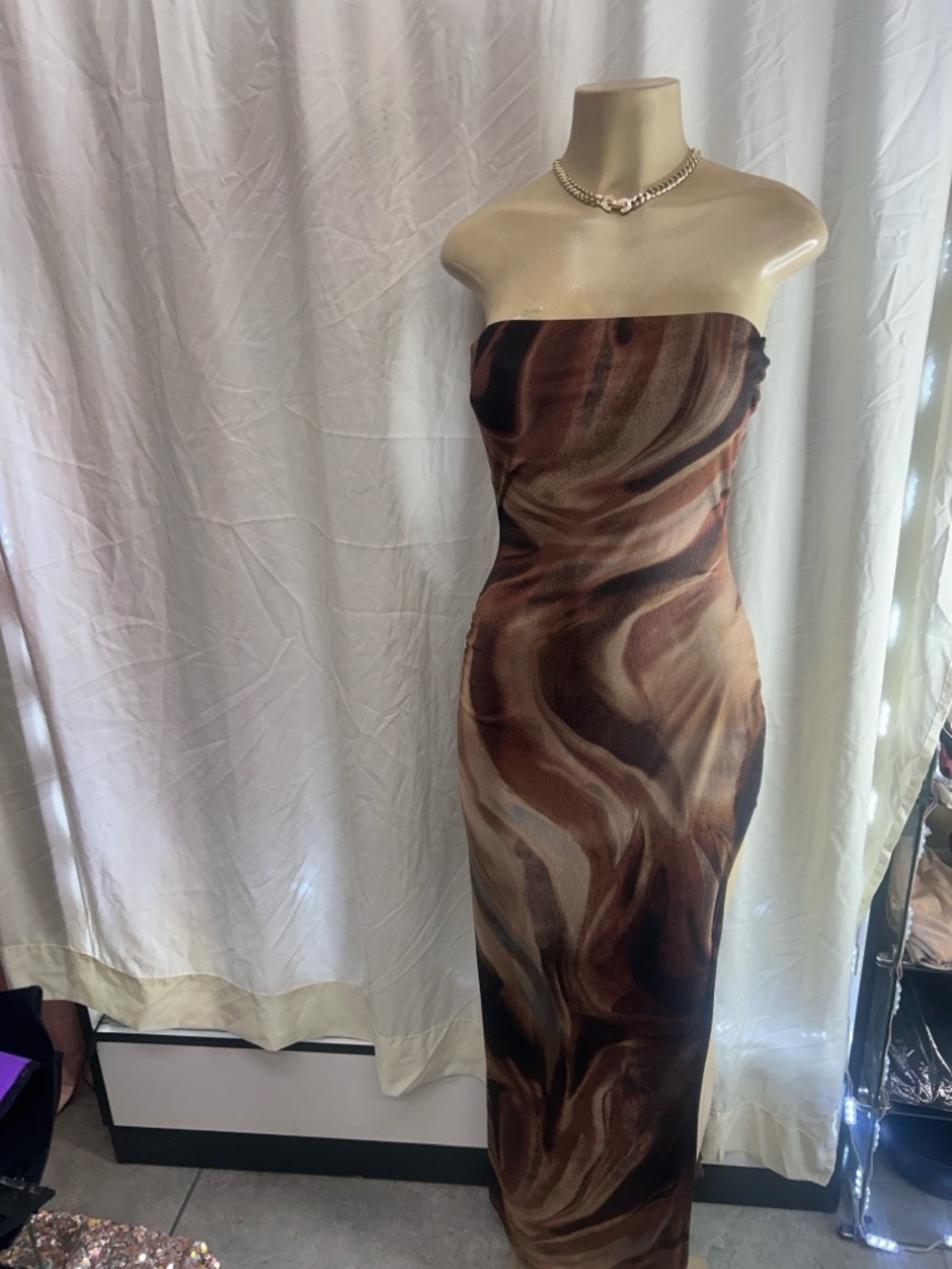 Strapless Marble-Print Maxi Dress in Brown